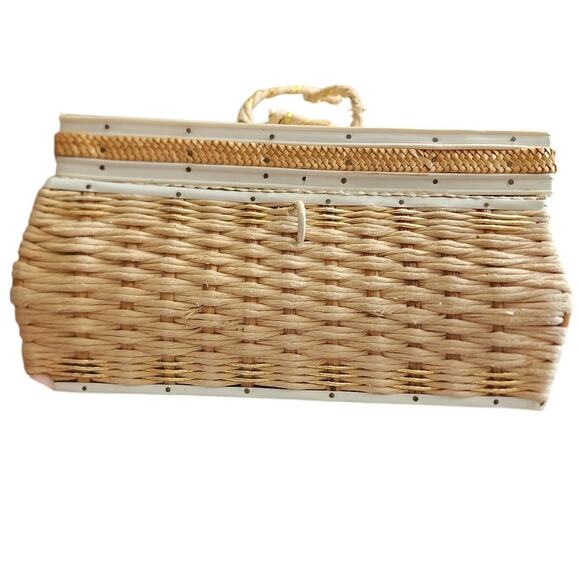Vintage Natural Woven Fiber Woven Sewing Basket Lined Interior Box - Picture 1 of 12